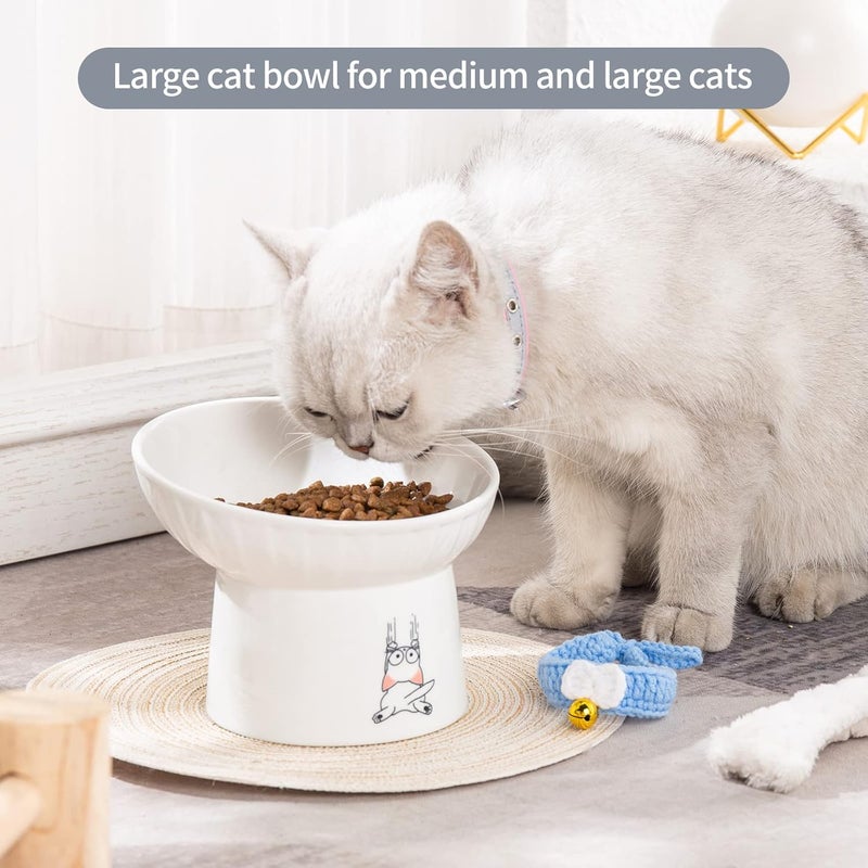 OMAYKEY 6.5 Inch Extra Wide Ceramic Raised Cat Bowls, Porcelain Tilted Elevated Cat Food Water Bowl Dish, Stress Free Pet Feeder Bowls Dishes for Elder Big Cats & Small Dogs, White - 2 Pack - Image 2